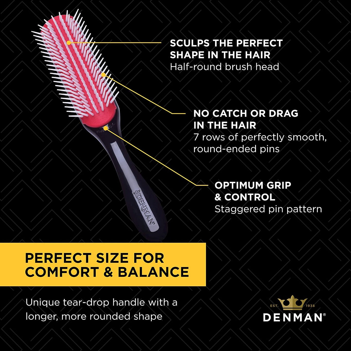 Denman Hair Brush for Curly Hair D3 (Black) 7 Row Classic