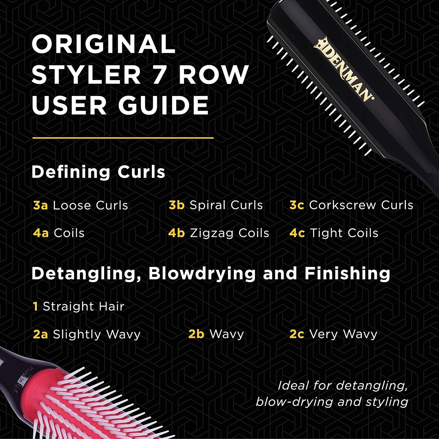 Denman Hair Brush for Curly Hair D3 (Black) 7 Row Classic